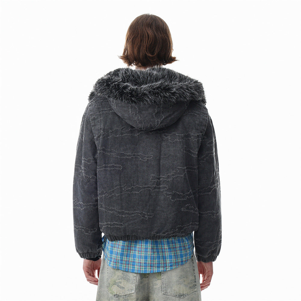 Gewaschene Denim-Pufferjacke mit Kapuze und Kunstfellbesatz – Used-Camo-Stitching
