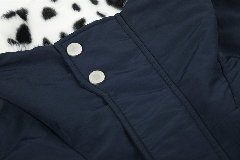 Reversible Stand-Collar Jacket Men's Dalmatian Faux Fur & Nylon Oversized Bomber