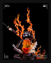 The 28cm Rengoku Kyojuro Demon Slayer Figure, Flame Hashira edition, crafted from high-quality PVC, depicts him with a sword and hat amid vibrant orange flames against a black backdrop. The scene is action-packed and seemingly in motion. "JM Studio" is displayed in the corner.