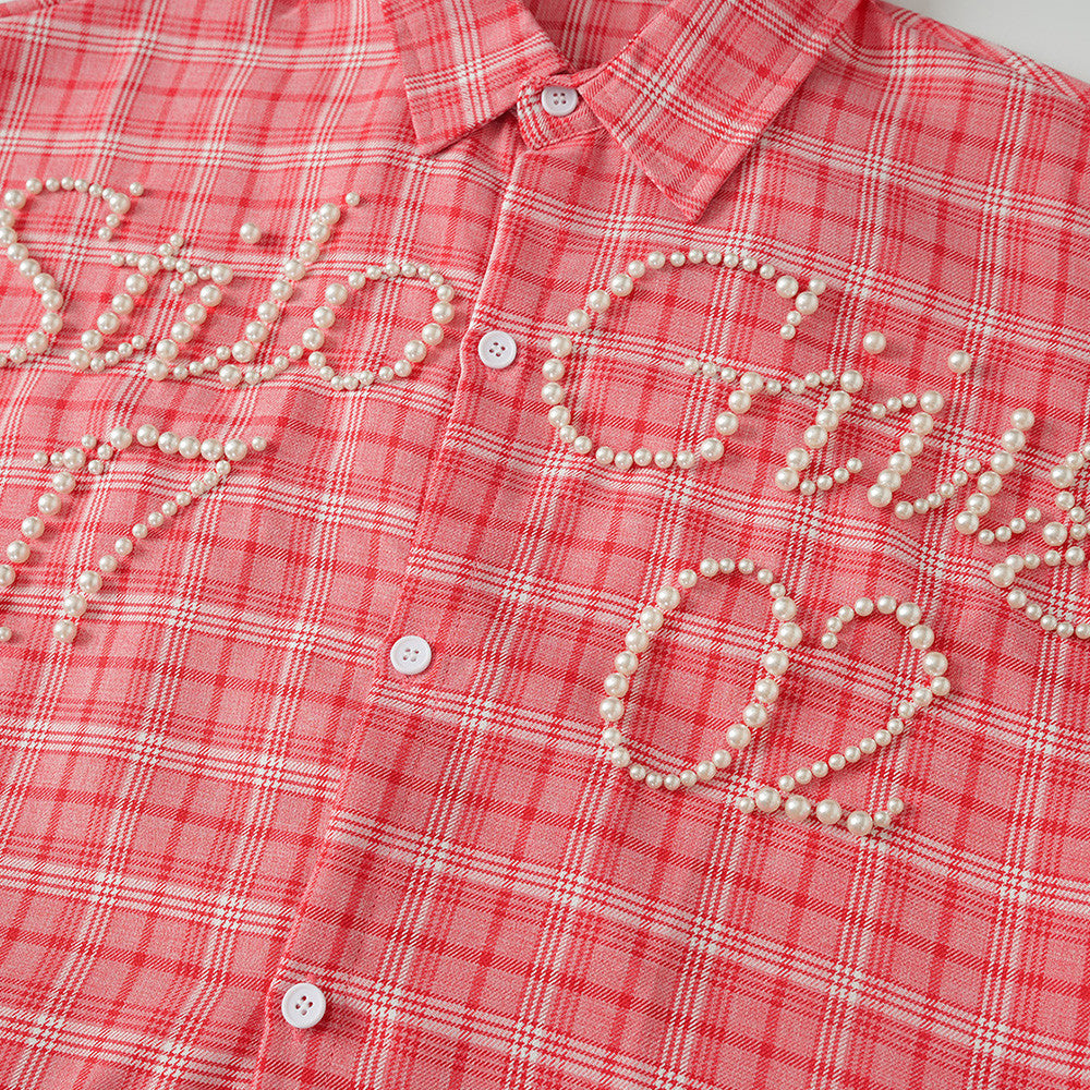 Oversized Plaid Short Sleeve Shirt with Pearl Bead Script Detail