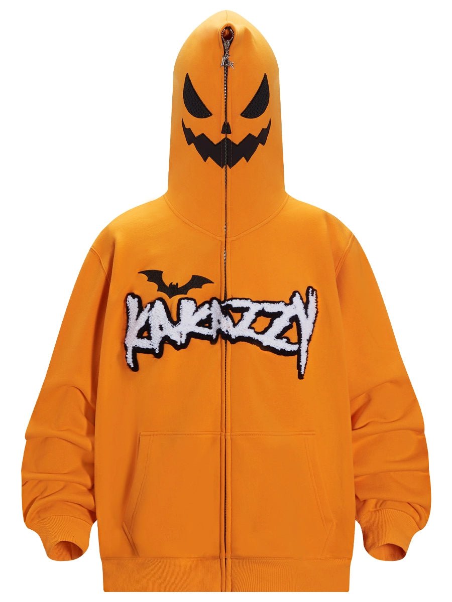 Halloween Pumpkin Hoodie - 400GSM Oversized Orange Zip-Up Sweatshirt for Halloween Fans