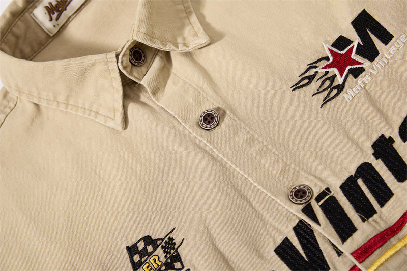 Mafa Vintage Racing Embroidered Short Sleeve Shirt – Washed Khaki Workwear Style