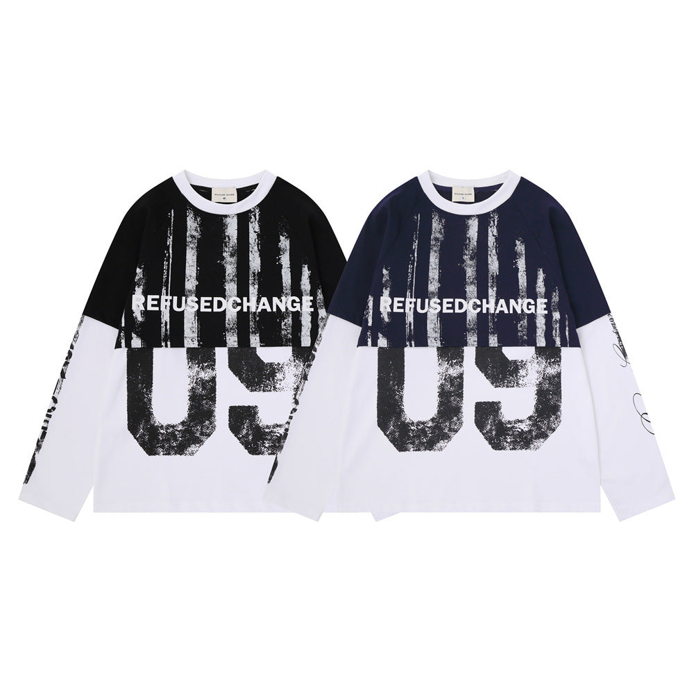 Men's faux two-piece colorblock long sleeve tee with distressed 09 number print and REFUSED CHANGE slogan in black/white and
