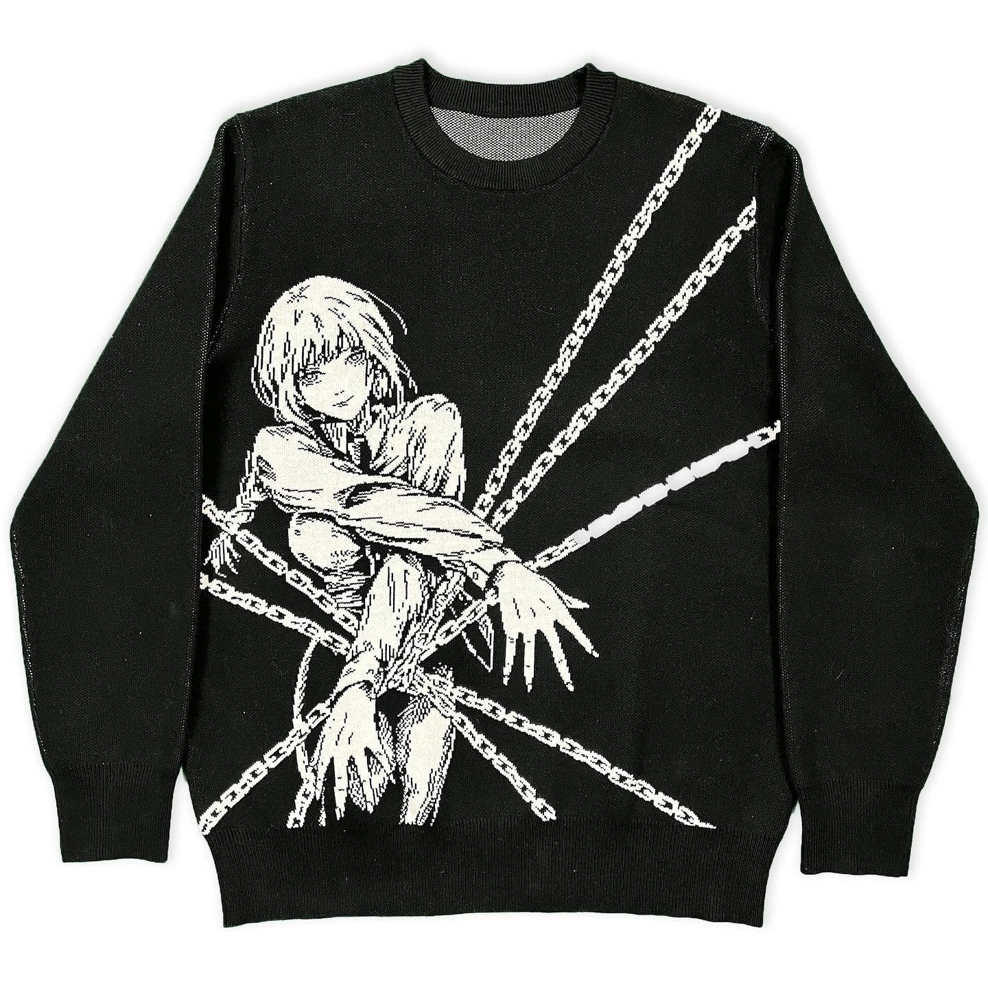 The Premium Chainsaw Man-Inspired Knit Sweater by Chainsaw Man features a bold black design with a white jacquard illustration of Makima confidently crossed with chains.