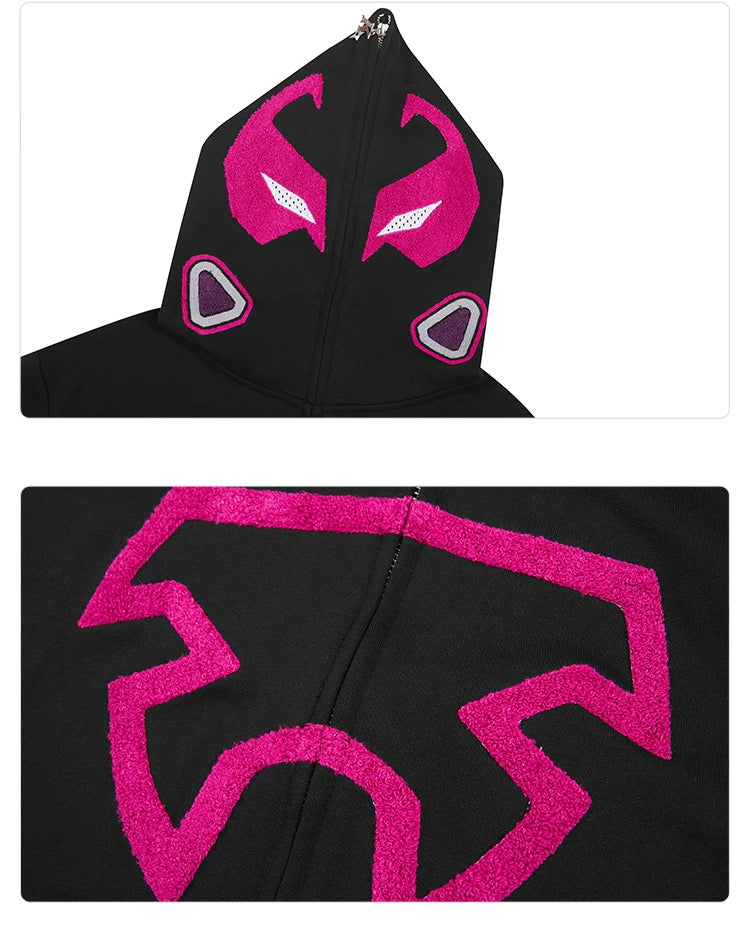 Futuristic Warrior Hoodie - 400GSM Oversized Sci-Fi Pink and Black Zip-Up Sweatshirt