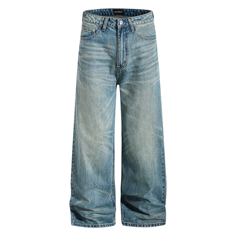 Men's Straight Fit Jeans Baggy Wide-Leg Washed Vintage Light Blue Denim