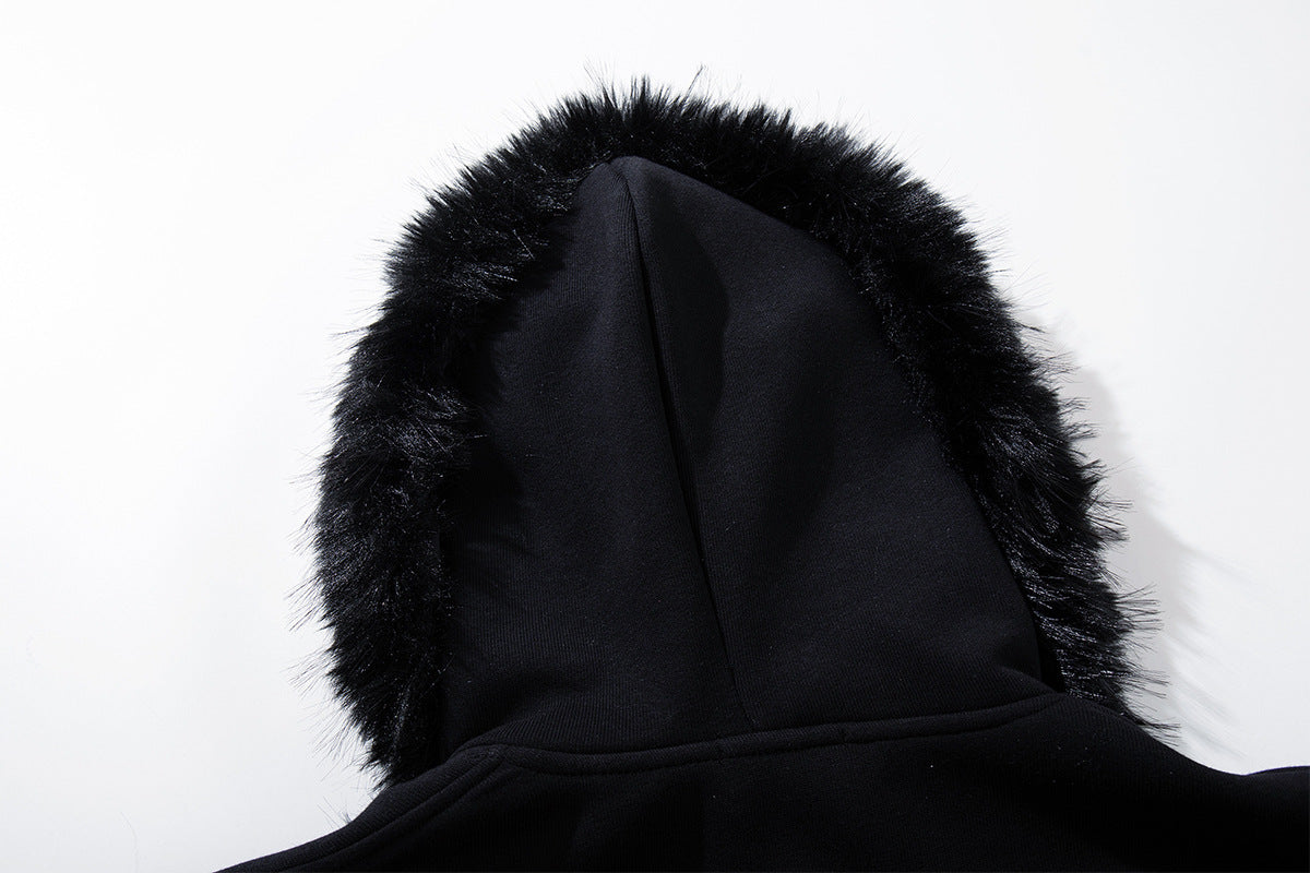 Black Zip-Up Hoodie with Faux Fur Hood & Silver Cross Studs