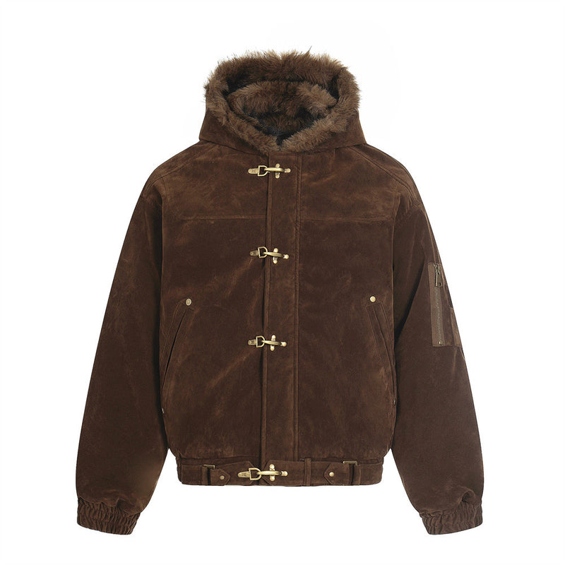 Faux Mink Fur-Trimmed Hooded Bomber Jacket with Toggle Clasps