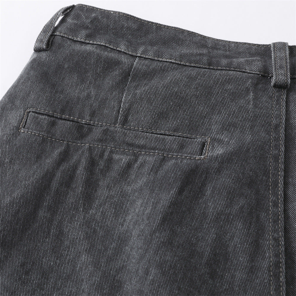 Wide-Leg Washed Denim Jeans – Relaxed High-Street Pleated Trousers