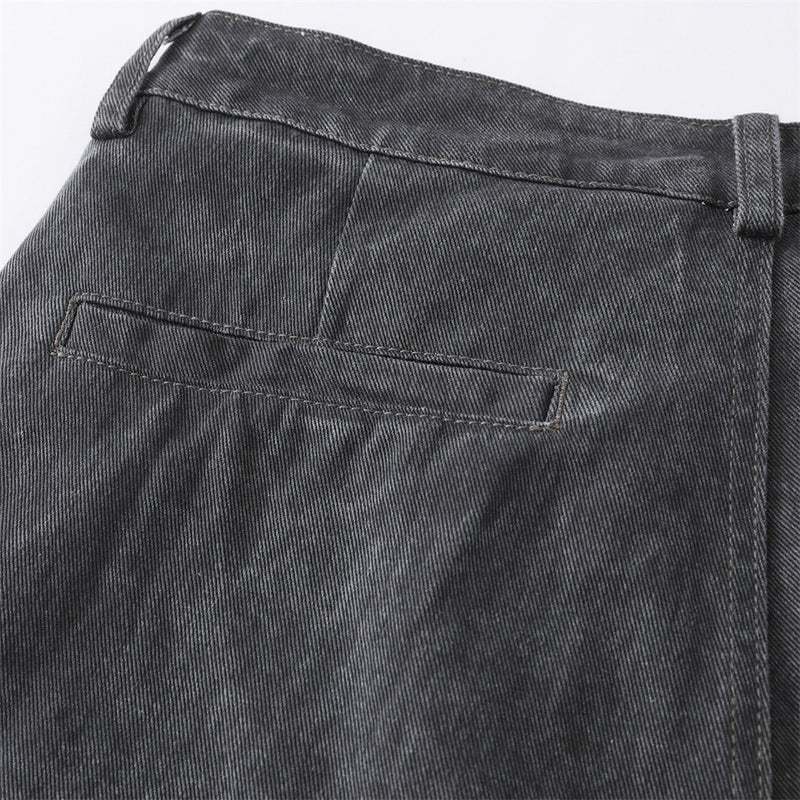 Wide-Leg Washed Denim Jeans – Relaxed High-Street Pleated Trousers