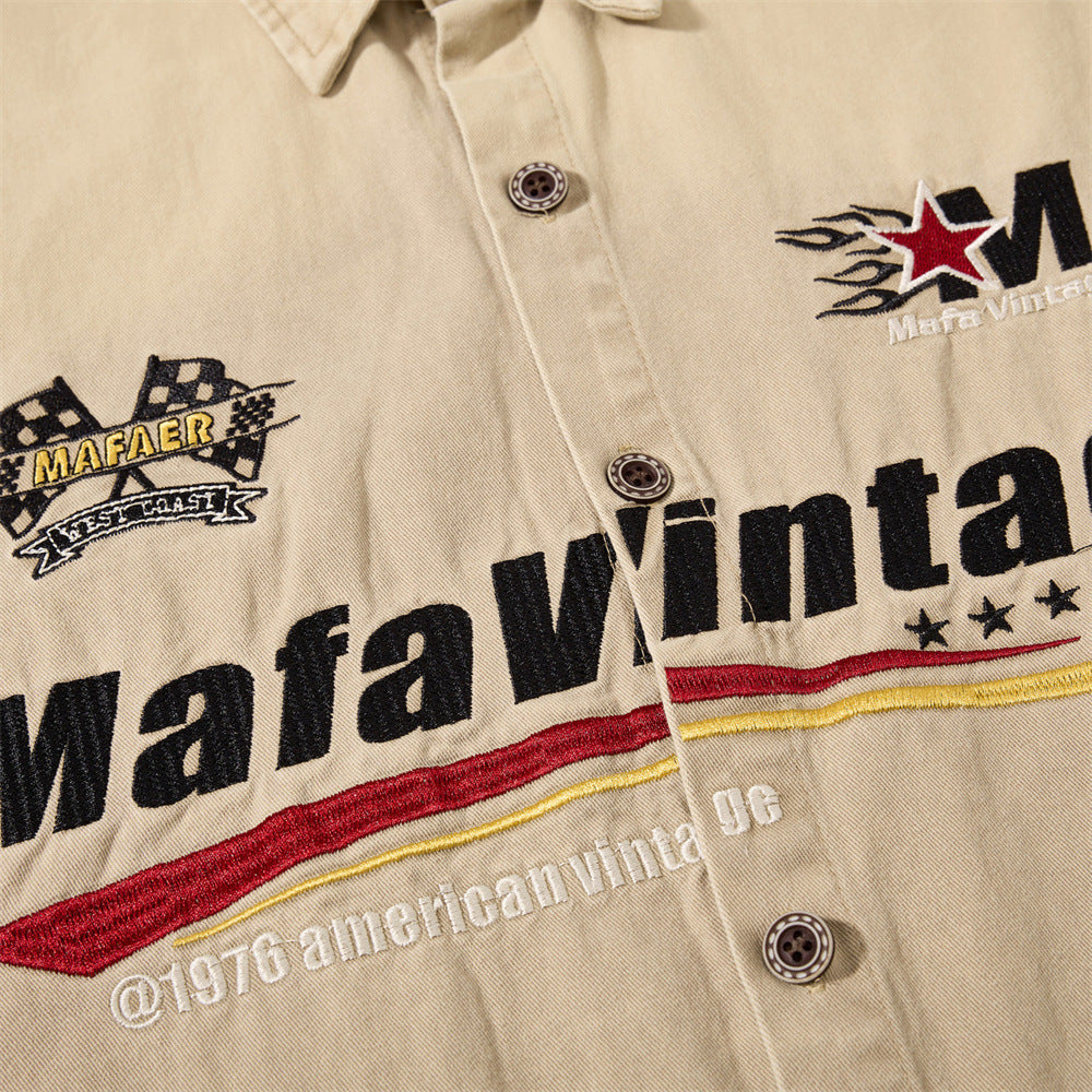 Mafa Vintage Racing Embroidered Short Sleeve Shirt – Washed Khaki Workwear Style