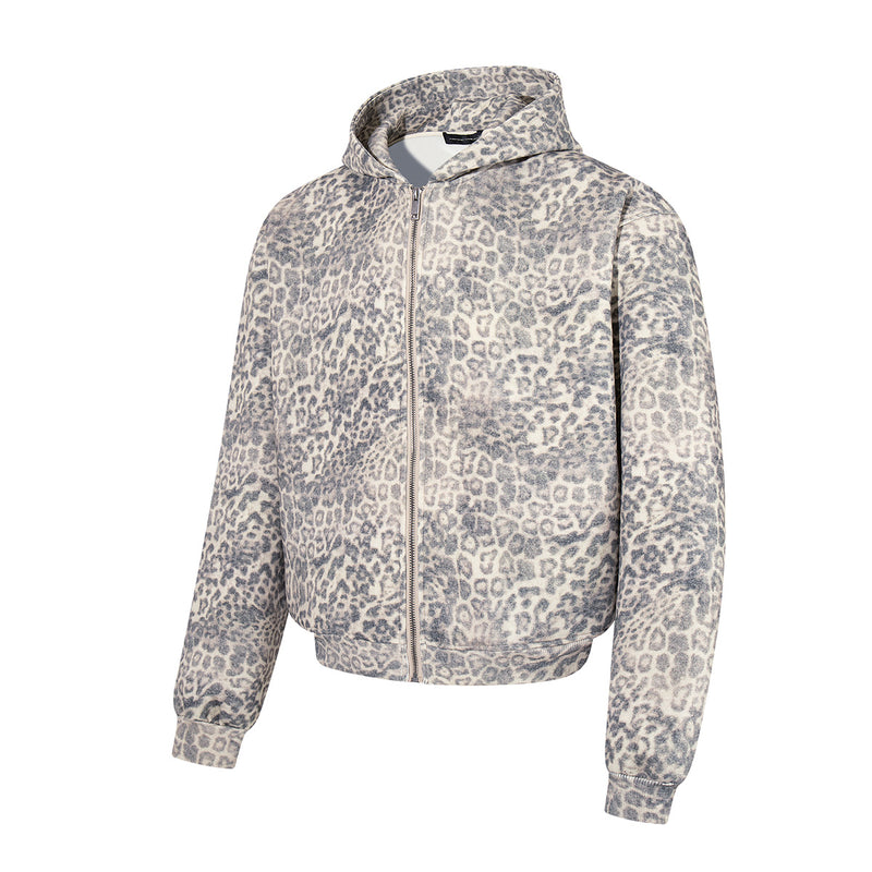 Hoodie zippé à imprimé léopard – Style streetwear américain vintage
