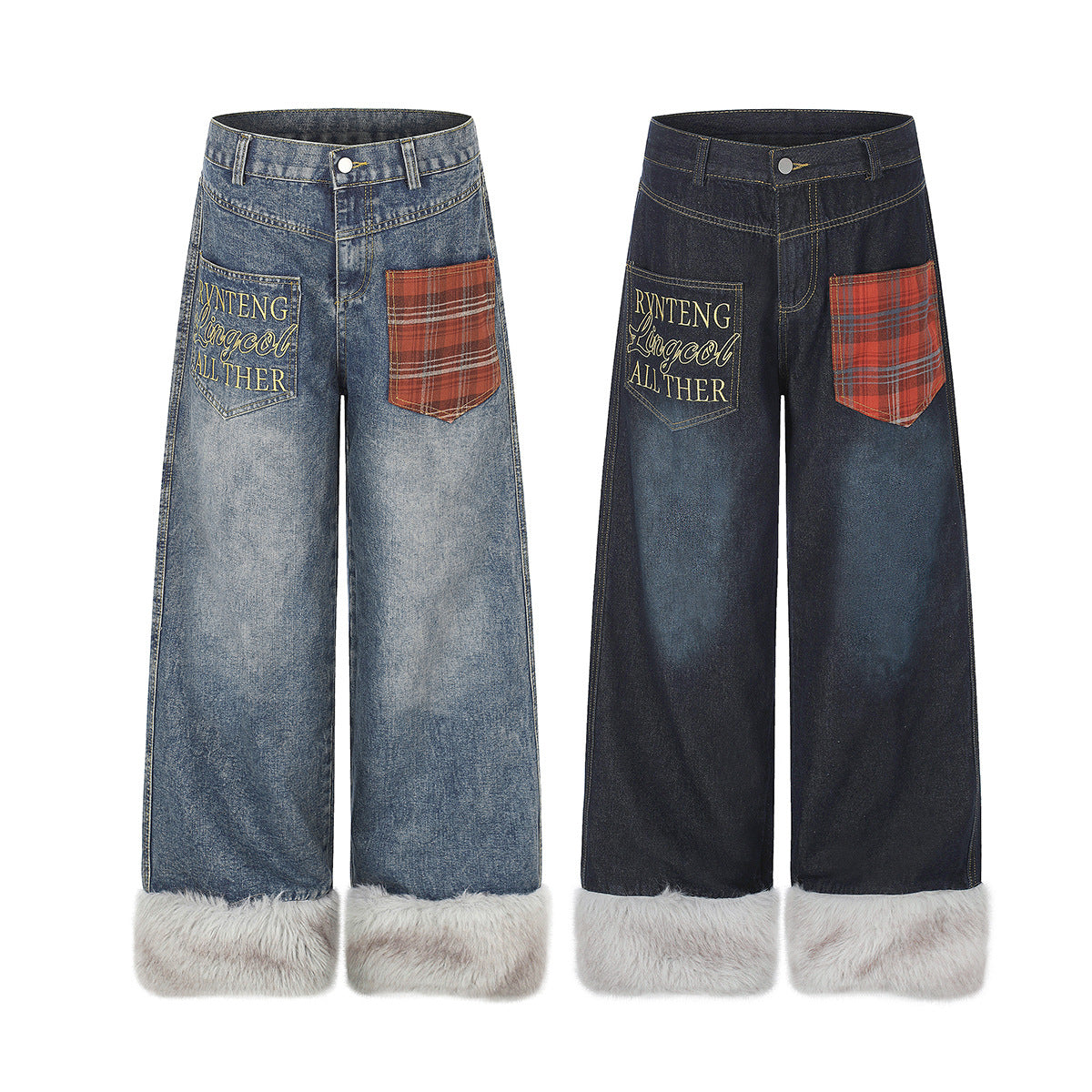 Jean baggy à jambes larges avec ourlet en fausse fourrure, poche à carreaux et broderie