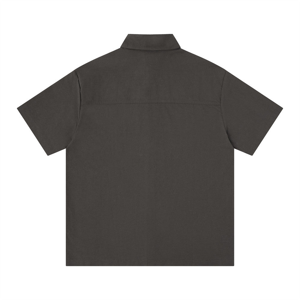 Dark gray short sleeve button-up shirt back view with plain yoke and straight hem