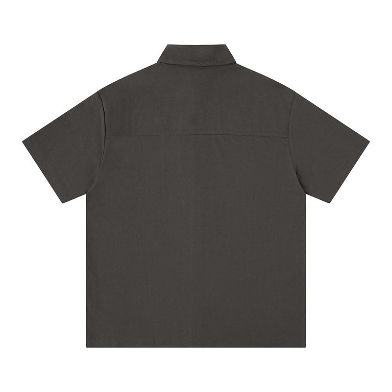 Dark gray short sleeve button-up shirt back view with plain yoke and straight hem