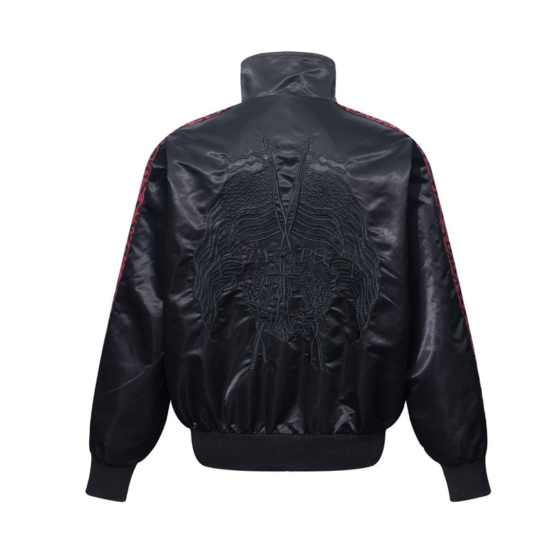 Blouson bomber satiné brodé à col montant et bandes léopard