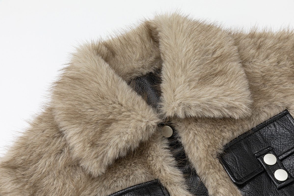 Faux Fur & Leather-Trim Oversized Jacket – Teddy Shearling Snap-Front Coat
