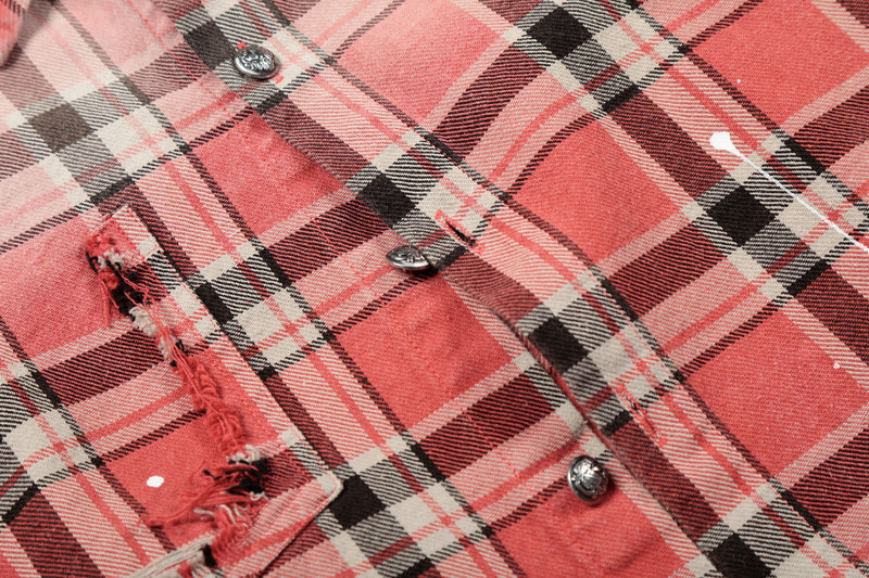 Camisa de franela de cuadros para mujer – Camisa oversize roja lavada y desgastada con botones