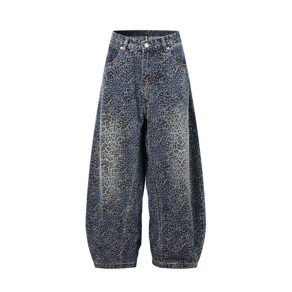 Leopard Print Wide-Leg Baggy Jeans – Oversized Curved Denim Pants