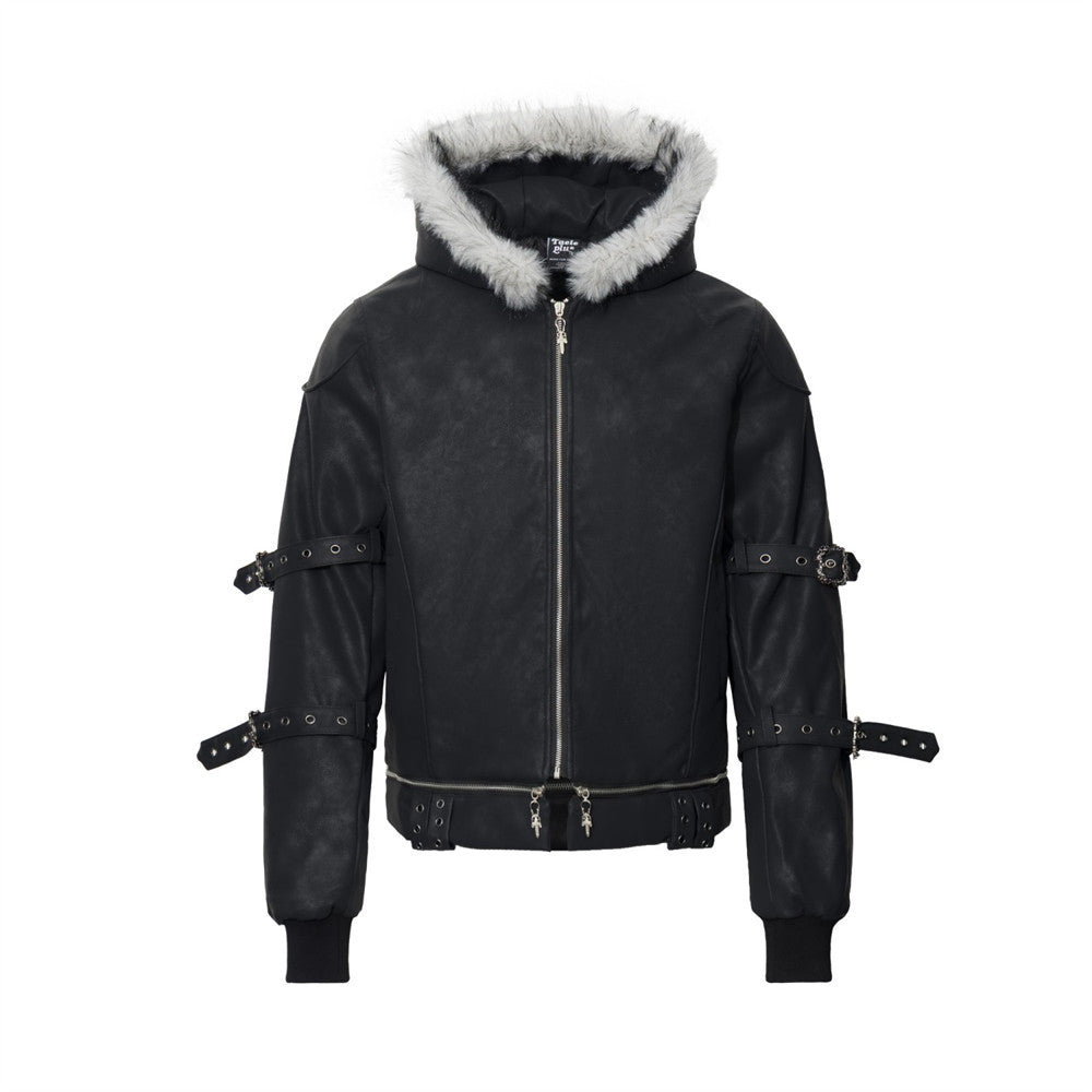 Black Punk PU Leather Hooded Jacket with Faux Fur Trim & Buckle Strap Sleeves