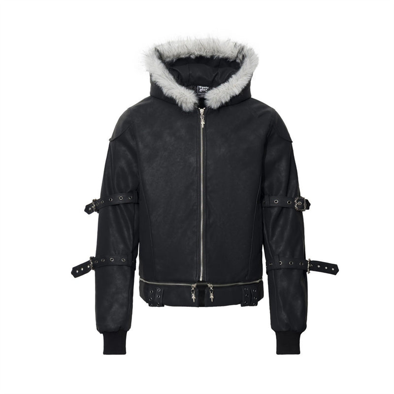 Black Punk PU Leather Hooded Jacket with Faux Fur Trim & Buckle Strap Sleeves