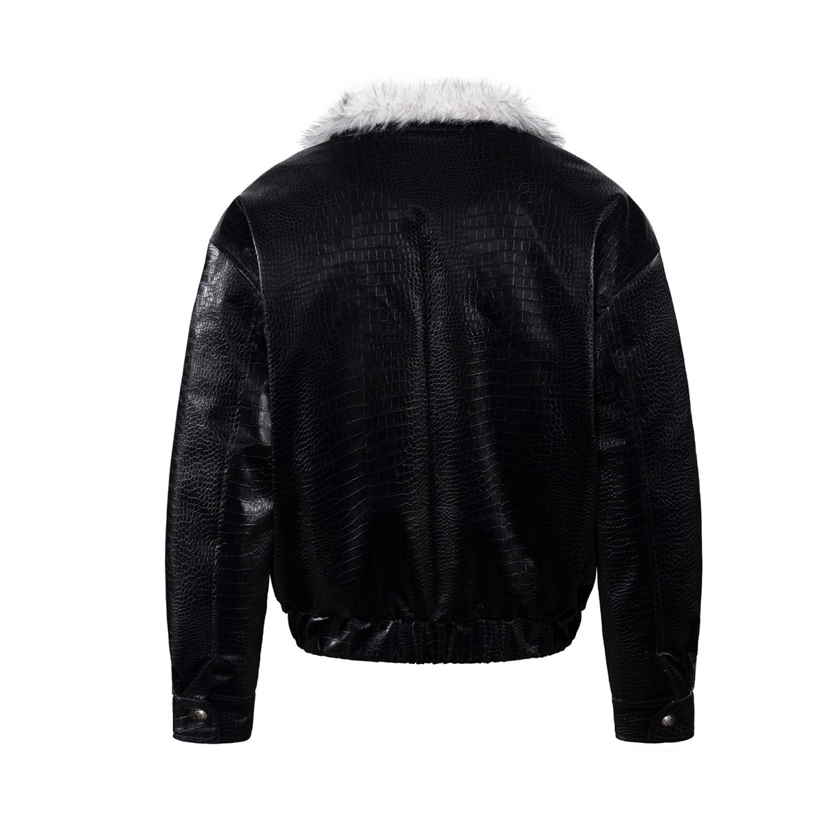 Croc-Embossed Faux Leather Bomber Jacket with Fur Collar