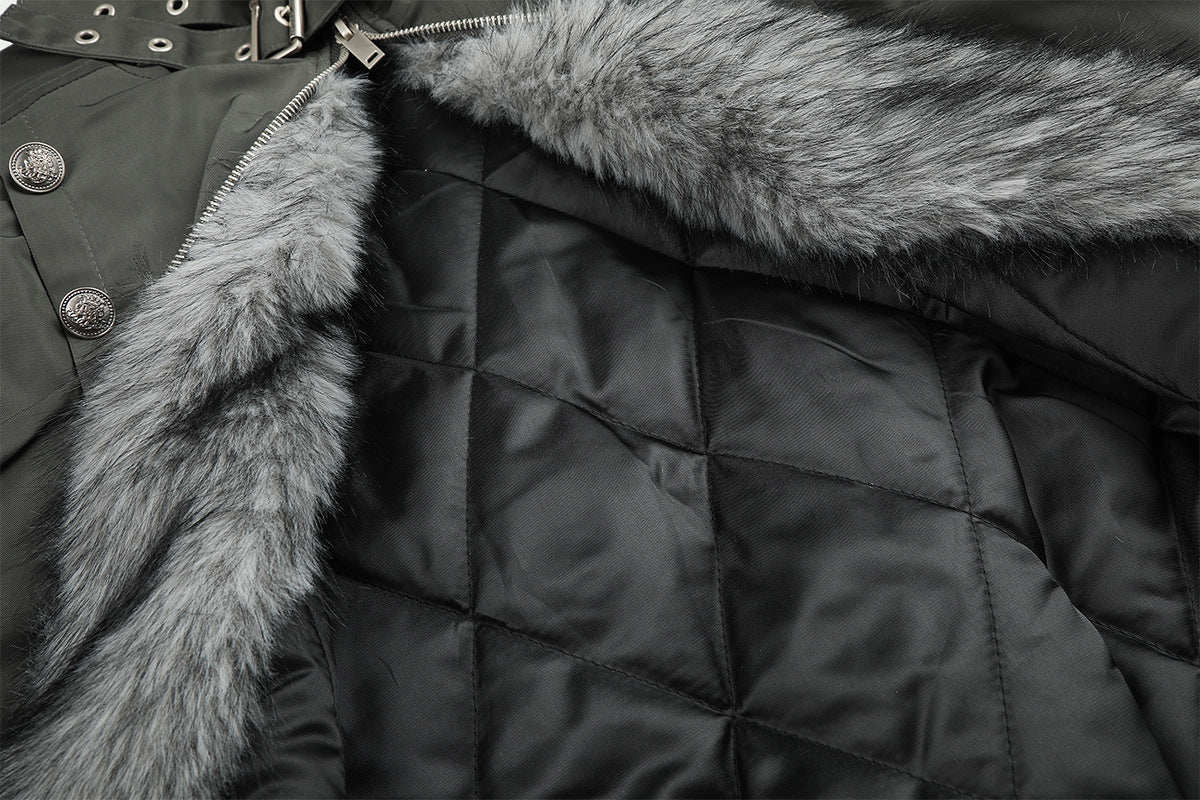 Military Napoleon Button Padded Jacket with Faux Fur Collar
