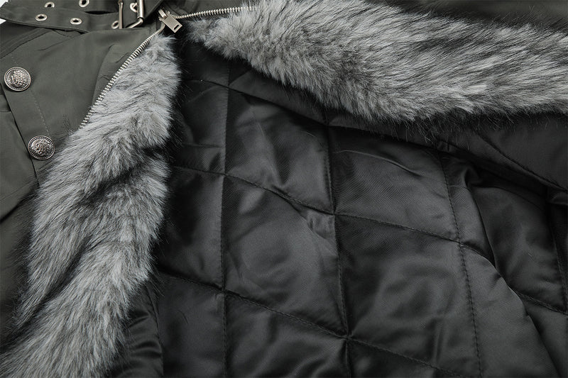 Military Napoleon Button Padded Jacket with Faux Fur Collar