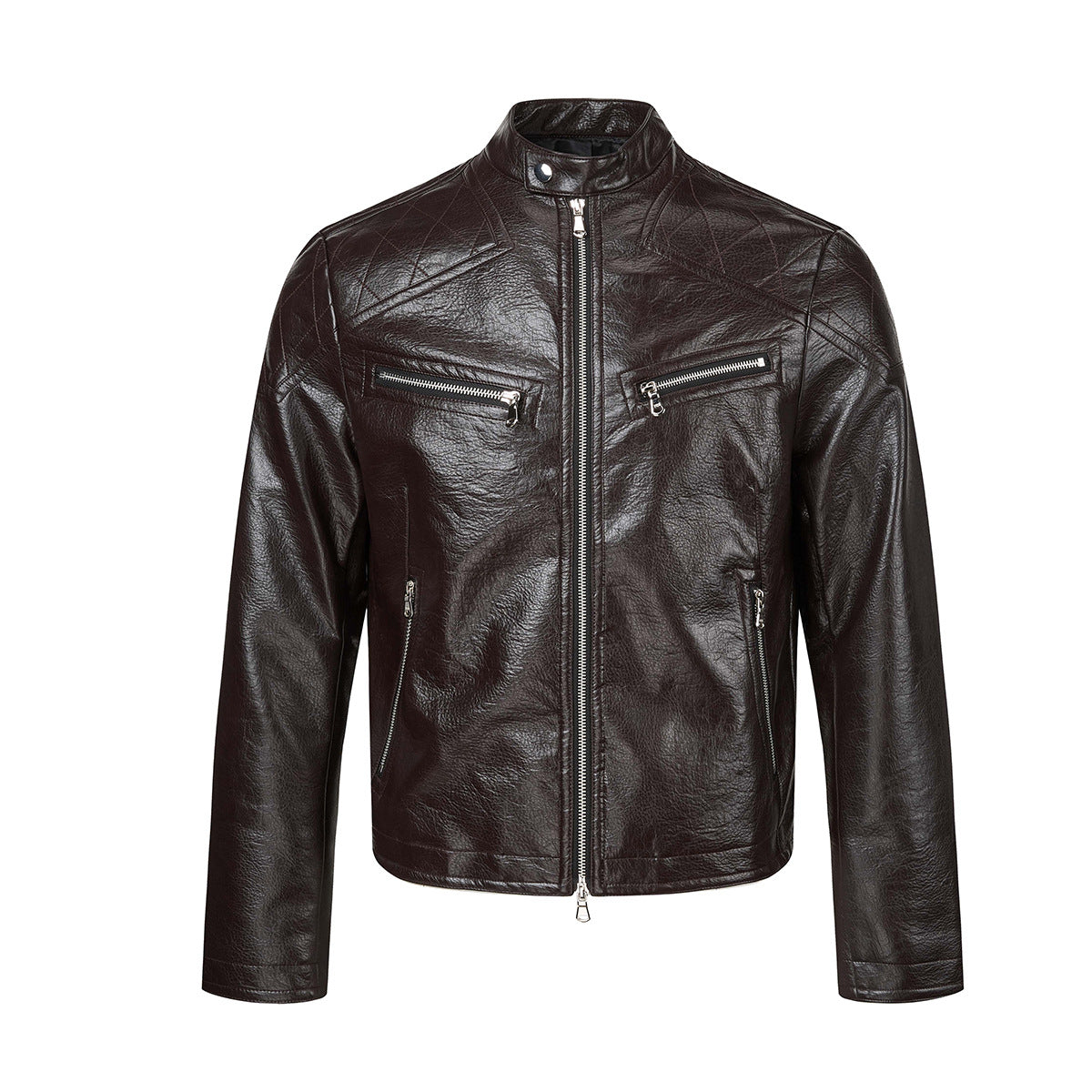 Faux Leather Moto Biker Jacket – Stand Collar with Zip Pockets