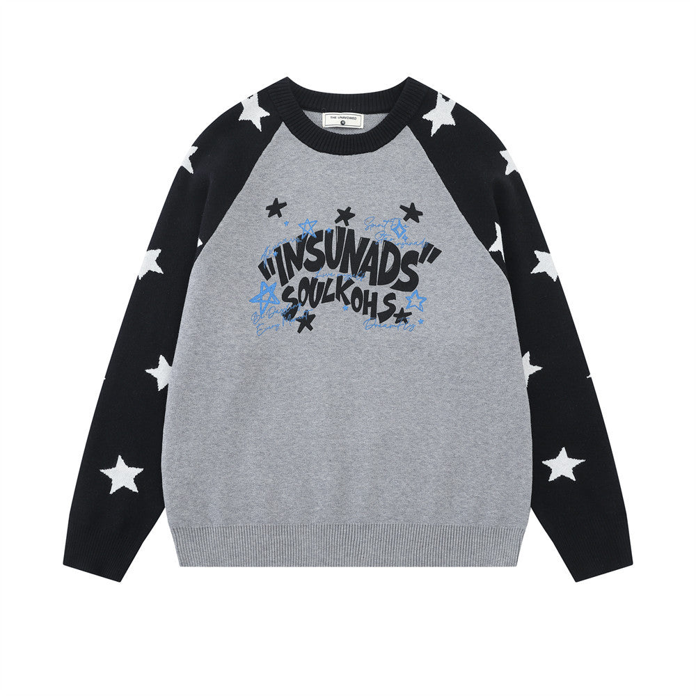 Long Sleeve Sweater Men Star Colorblock Raglan Crew Neck Knit Pullover
