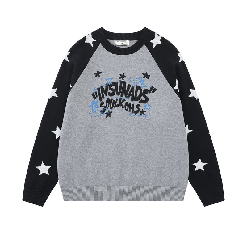 Long Sleeve Sweater Men Star Colorblock Raglan Crew Neck Knit Pullover
