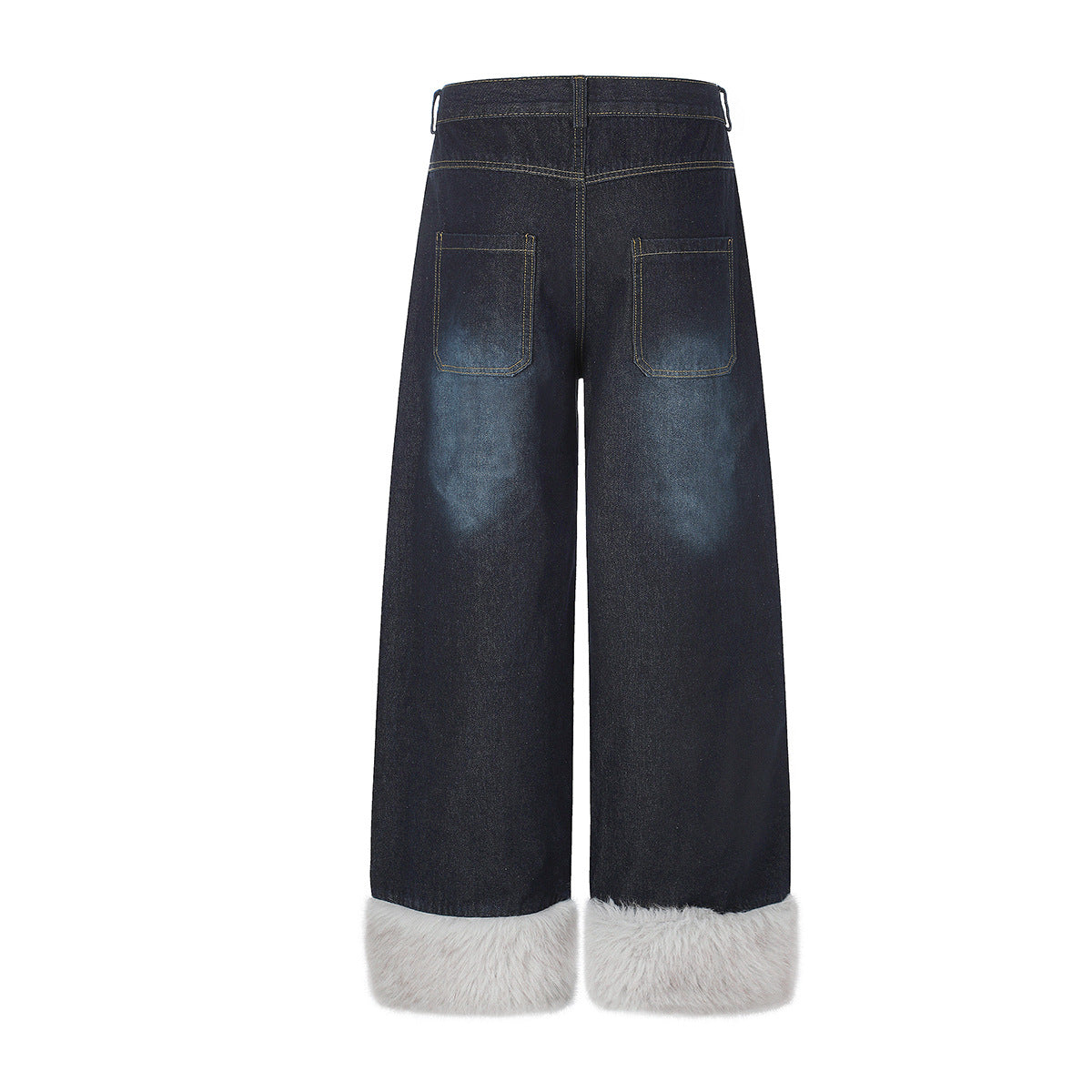 Jean baggy à jambes larges avec ourlet en fausse fourrure, poche à carreaux et broderie