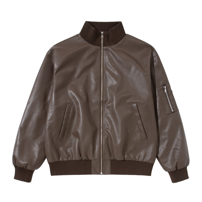 Men's Stand Collar PU Leather Bomber Jacket – Oversized Flight Jacket