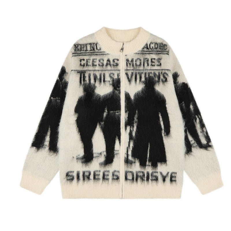 Shadow Figure Fuzzy Knit Zip-Up Cardigan Sweater – Dark Streetwear Jacquard