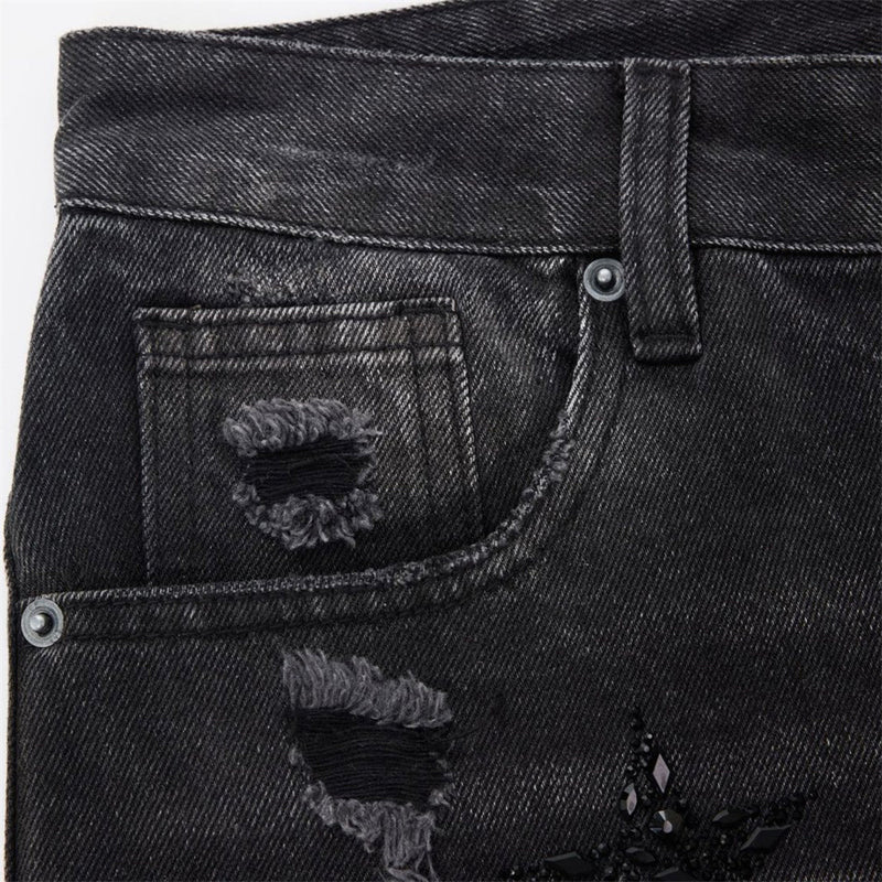 Ripped Baggy Jeans Men – Star Rhinestone & Sequin Wide-Leg Black Distressed