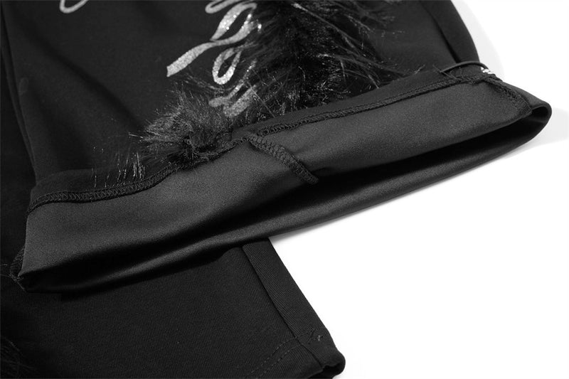 Black Baggy Wide-Leg Pants – Feather Trim & Rhinestone Script Detail