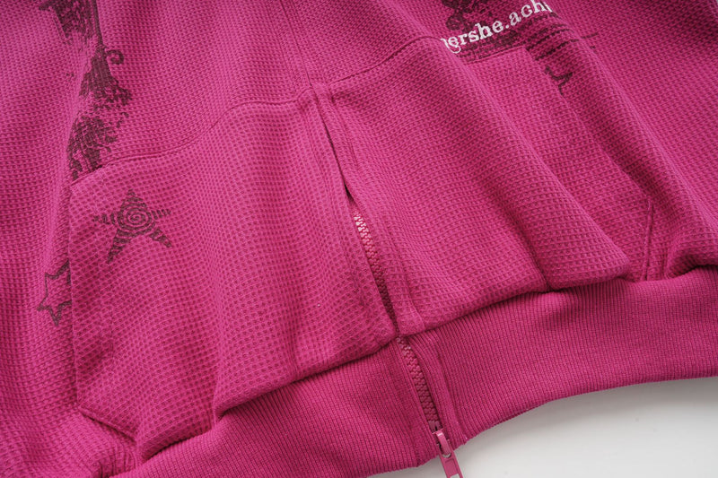Baroque Arch Graphic Zip-Up Hoodie – Waffle Knit Cropped Cardigan