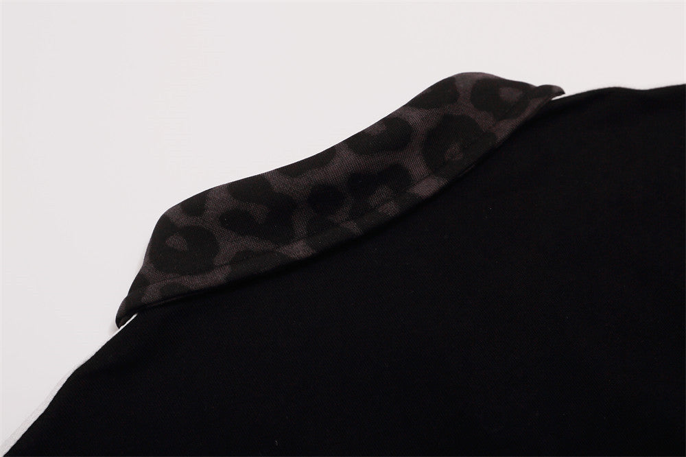 Men's Hip-Hop Polo Long Sleeve Shirt with Leopard Cross & Script Print