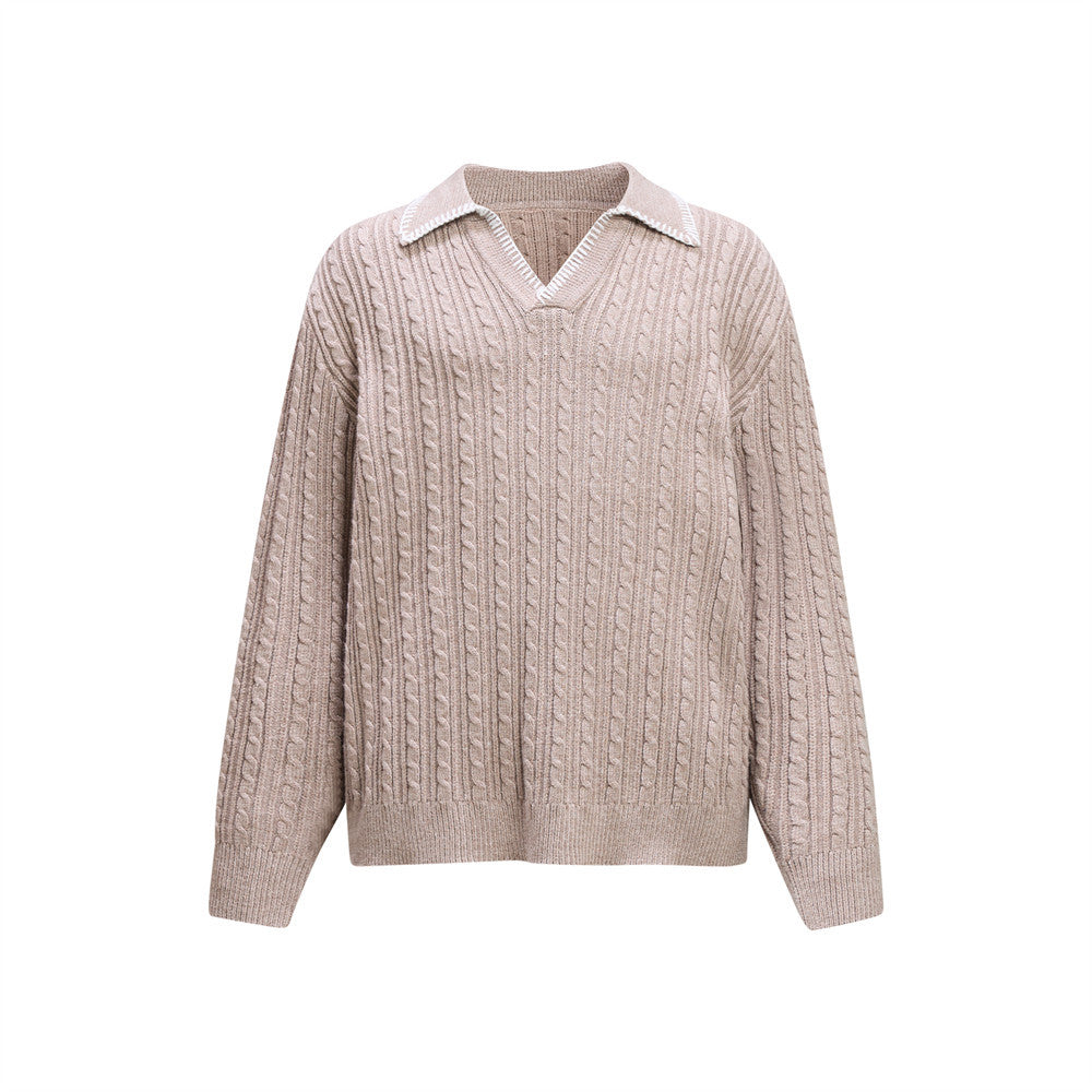 Oversized cable knit V-neck sweater with polo collar in camel, black, and light grey