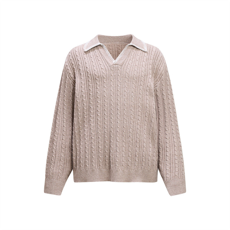 Oversized cable knit V-neck sweater with polo collar in camel, black, and light grey