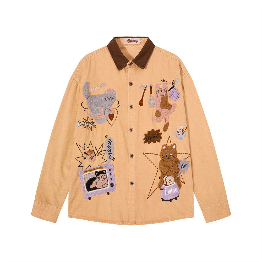 Oranges Herren-Langarmshirt mit gestickter Cartoon-Katze und kontrastierendem dunkelbraunem Kragen, Vorderansicht