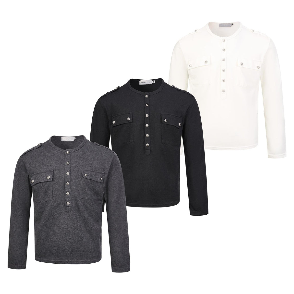 Men's Military-Style Henley Long Sleeve Shirt with Chest Pockets & Epaulettes