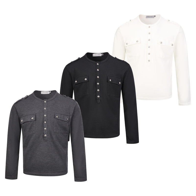Men's Military-Style Henley Long Sleeve Shirt with Chest Pockets & Epaulettes