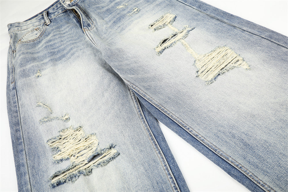 Wide-Leg Distressed Jeans – Men's Light Wash Ripped Straight-Fit Denim
