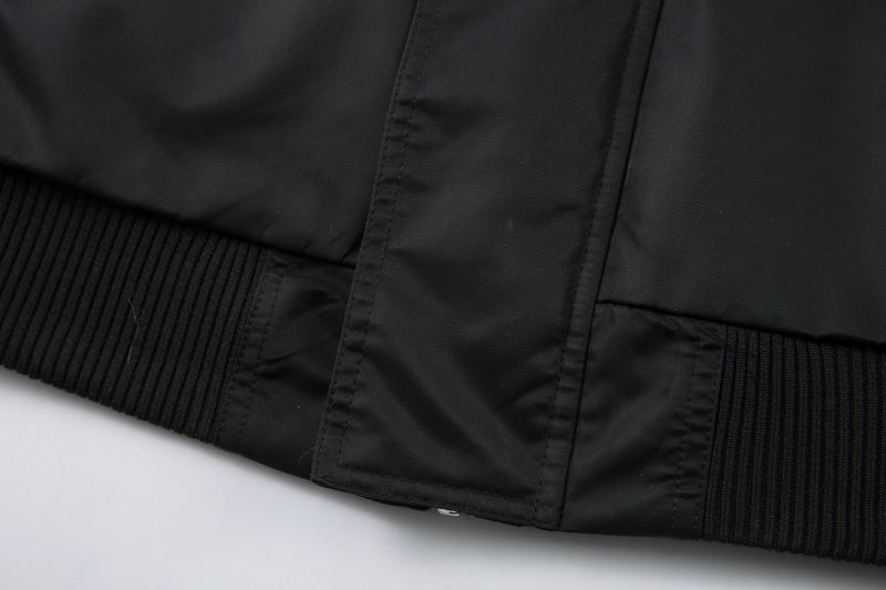 Padded Bomber Jacket with Detachable Faux Fur Hood & Ruched Sleeves in Black