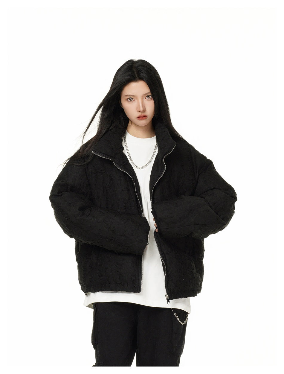 Distressed Texture Puffer Jacket Stand Collar Padded Coat