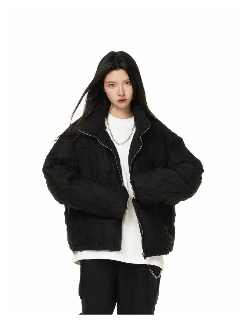 Distressed Texture Puffer Jacket Stand Collar Padded Coat