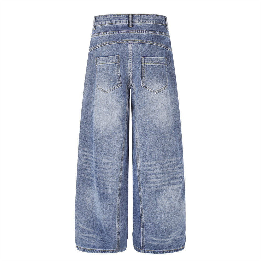 Jean homme à jambe large – Denim délavé à double ceinture, pantalon droit