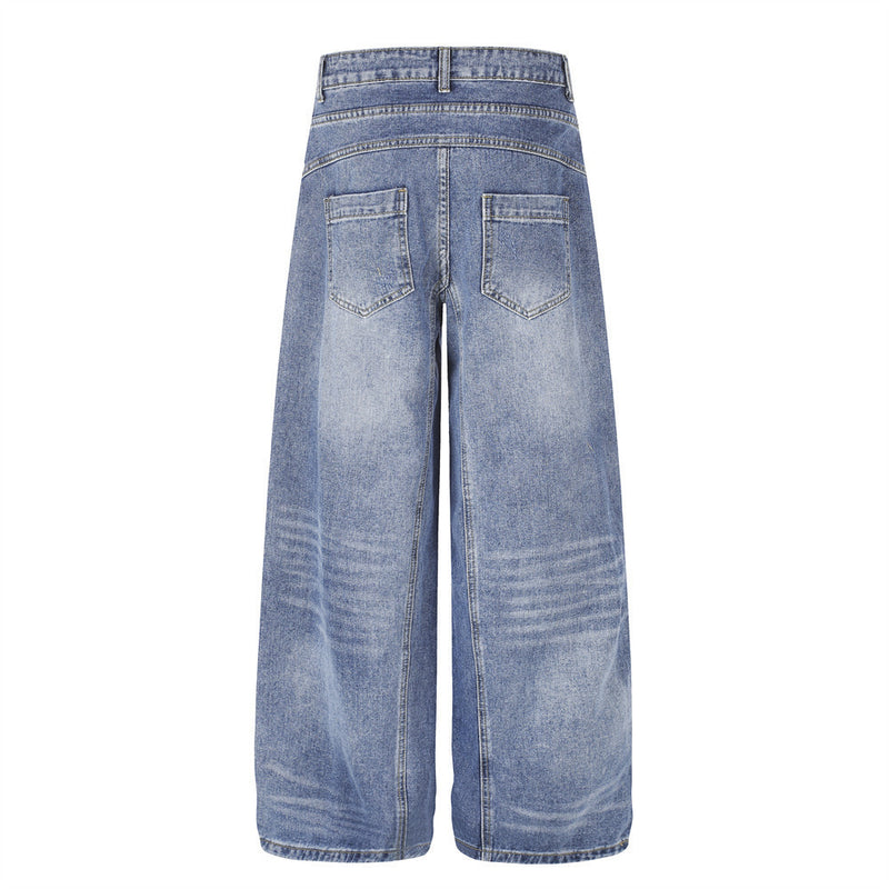 Jean homme à jambe large – Denim délavé à double ceinture, pantalon droit