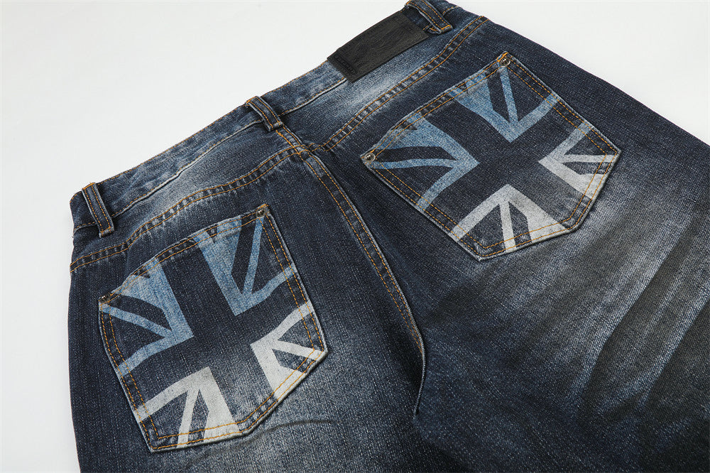 Men's Washed Distressed Straight-Leg Jeans with Union Jack Back Pockets